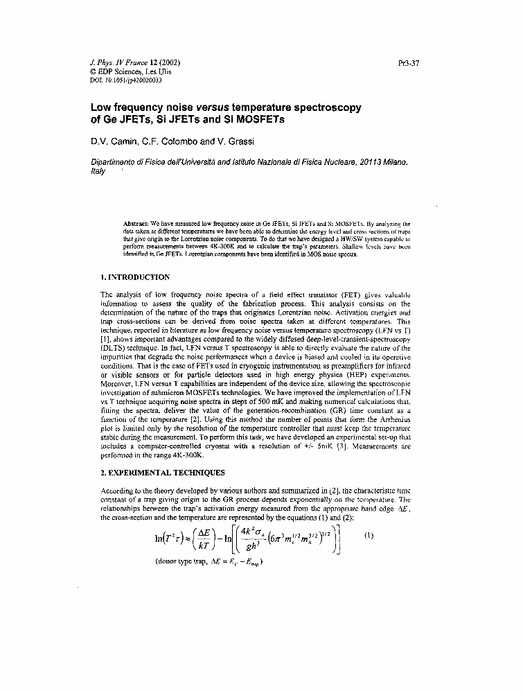 Low Frequency Noise Versus Temperature Spectroscopy Of Go Jfets Si Jfets And Si Mosfets Ieee Conference Publication Ieee Xplore
