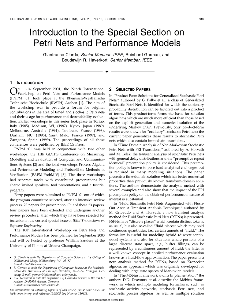 Introduction to the special section on petri nets and performance
