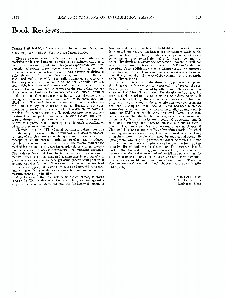 Review of 'Testing Statistical Hypotheses' (Lehmann, E. L.; 1959