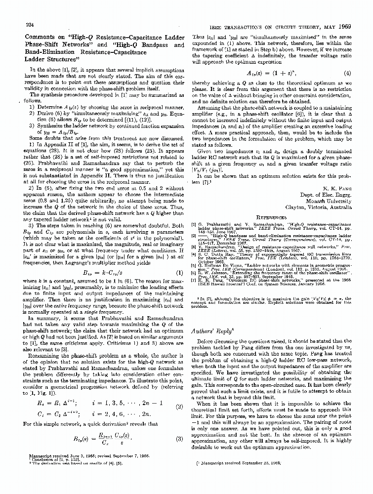 Comments on "HighQ Resistance Capacitance Ladder PhaseShift Networks