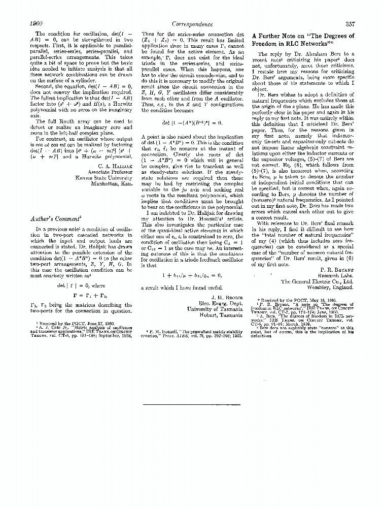 Author's Comments on on Matrix Analysis of Oscillators' IEEE Journals & Magazine