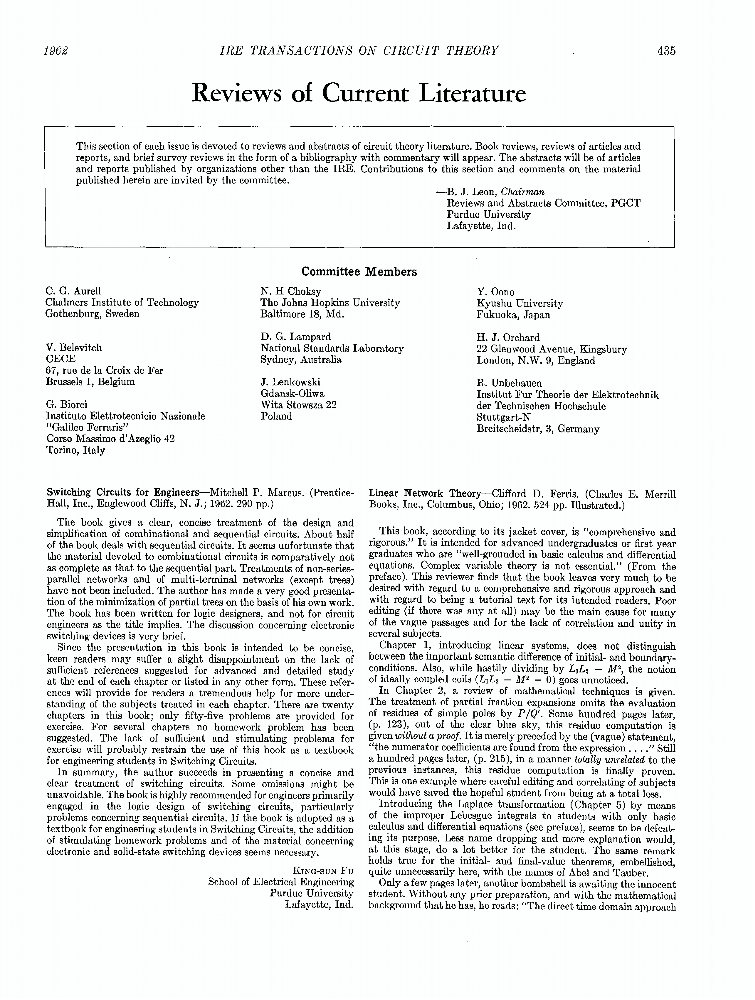 Book Review of 'Switching Circuits for Engineers' IEEE Journals