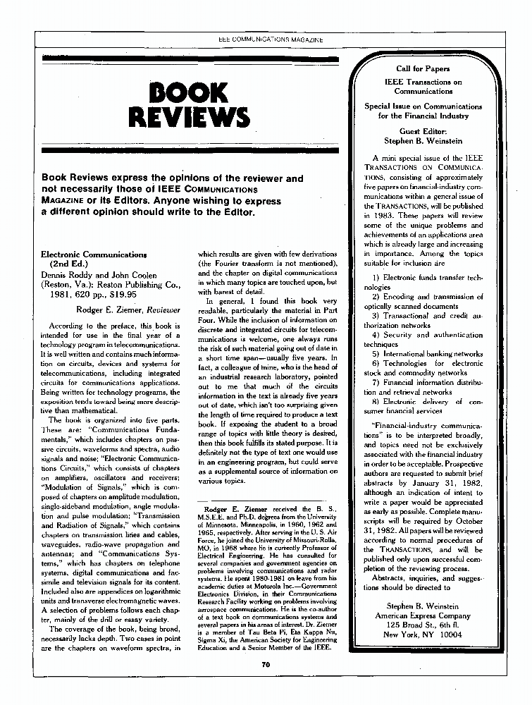 Book reviews Electronic communications IEEE Journals & Magazine