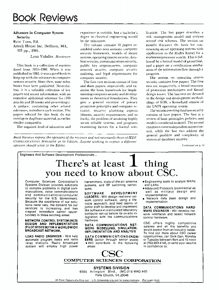 Book reviews Advances in computer system security IEEE Journals