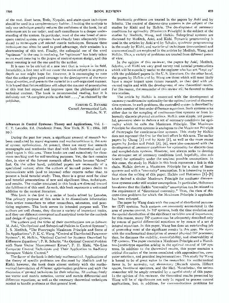 Advances in control systems Theory and applications, Vol 1 IEEE