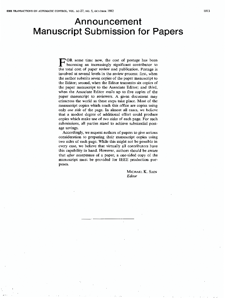 Announcement Manuscript submission for papers IEEE Journals