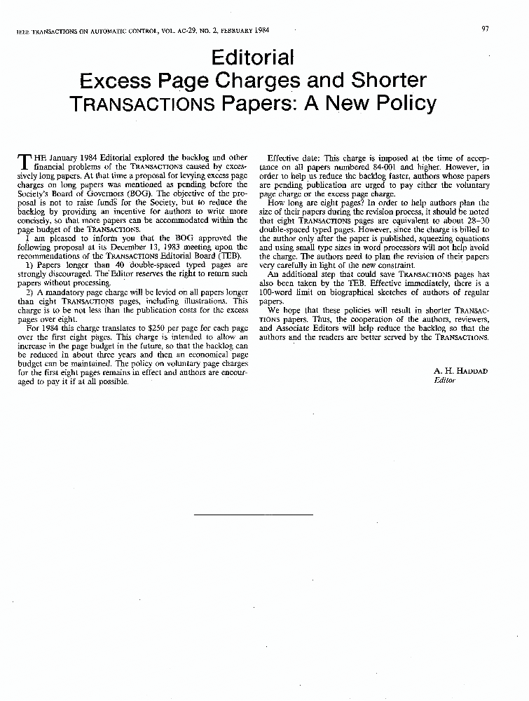 Editorial Excess page charges and shorter transactions papers A new