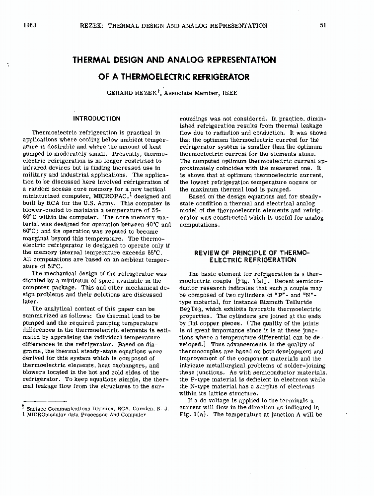Thermal Design and Analog Representation of a Thermoelectric