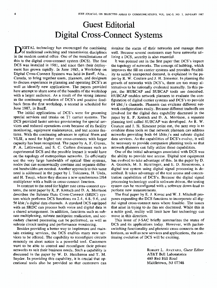 Guest Editorial Digital CrossConnect Systems IEEE Journals