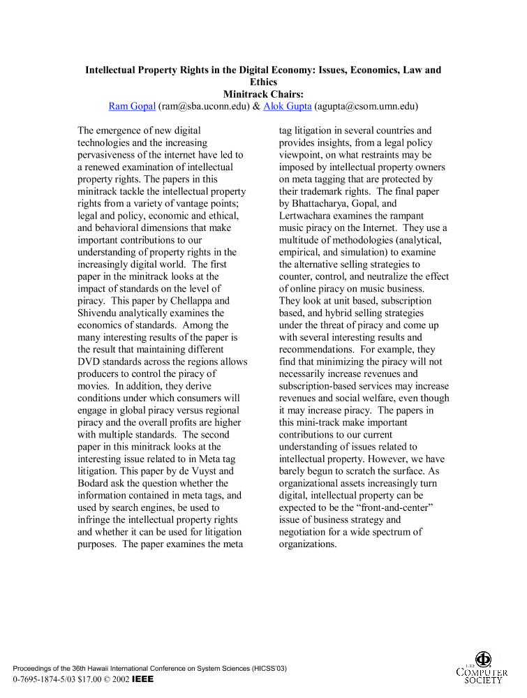 Intellectual property rights in the digital economy issues, economics, law and ethics IEEE