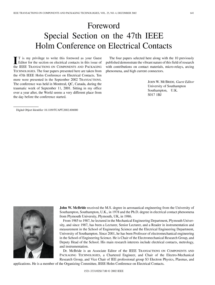 Foreword special section on the 47th IEEE Holm conference on electrical