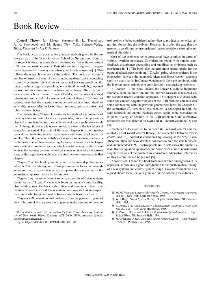 Control theory for linear systems [Book Review] IEEE Journals