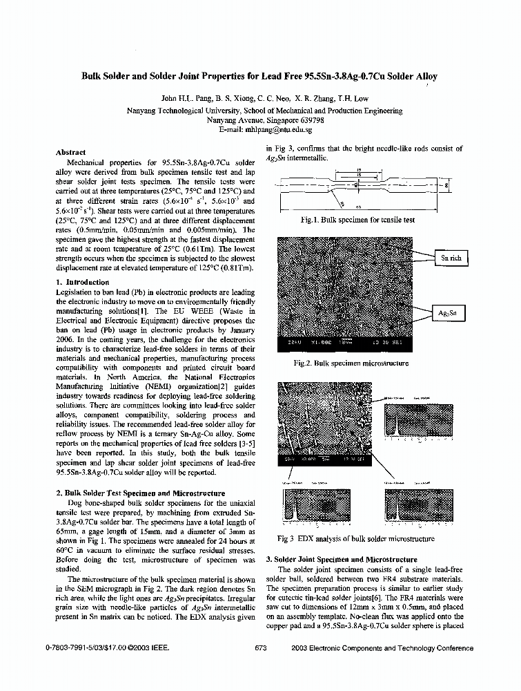 Bulk solder and solder joint properties for lead free 95.5Sn3.8Ag0