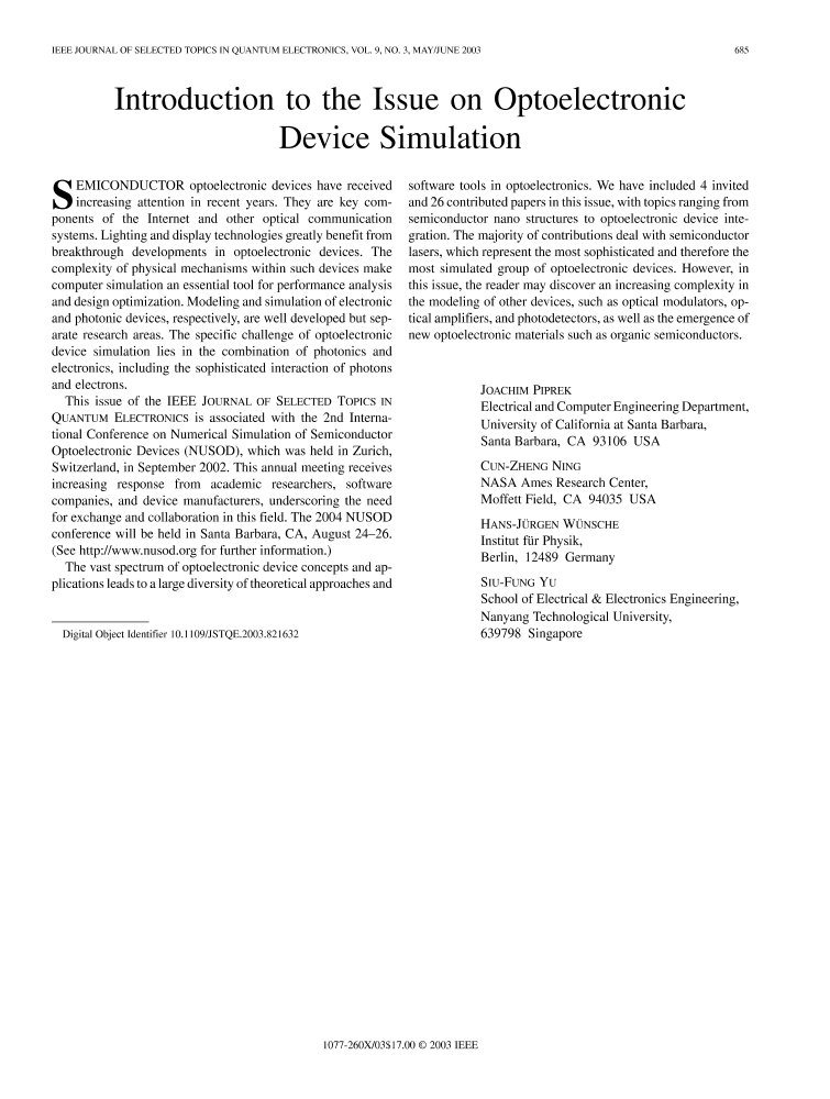 Introduction to the issue on optoelectronic device simulation IEEE