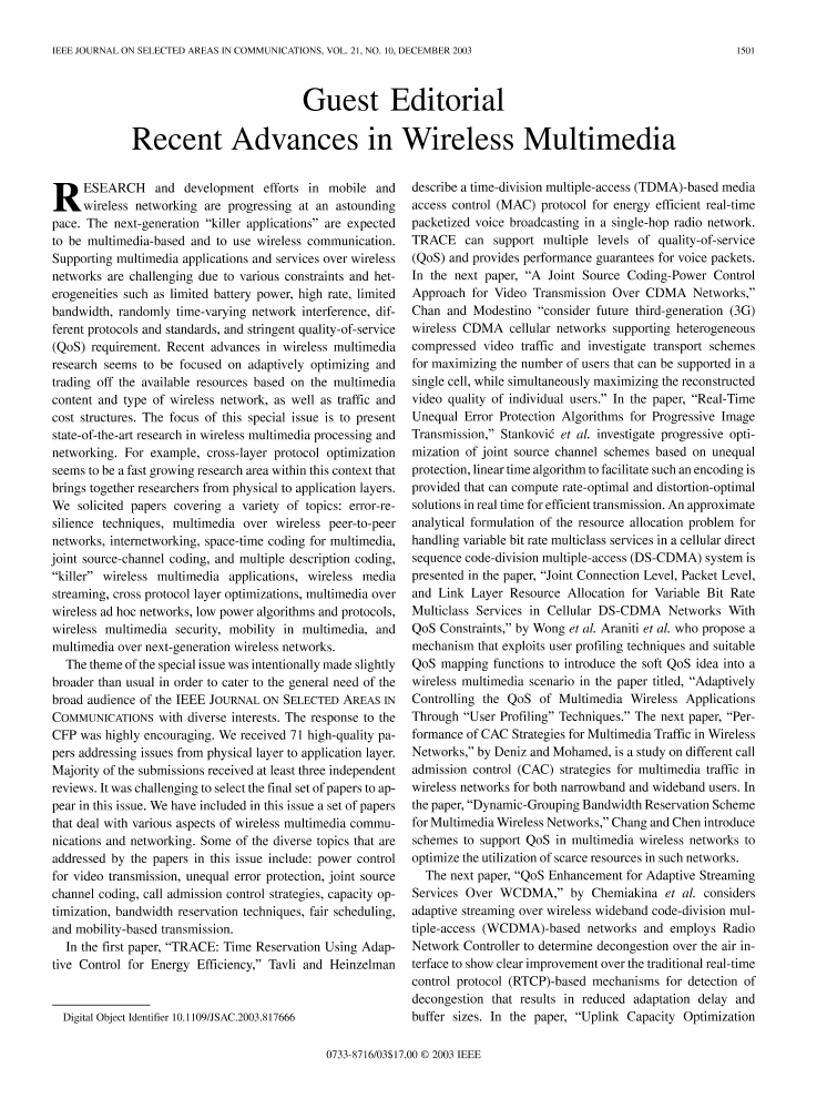 Guest editorial recent advances in wireless multimedia IEEE Journals