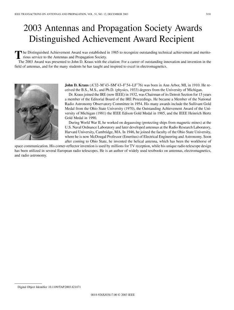 2003 antennas and propagation society awards distinguished achievement