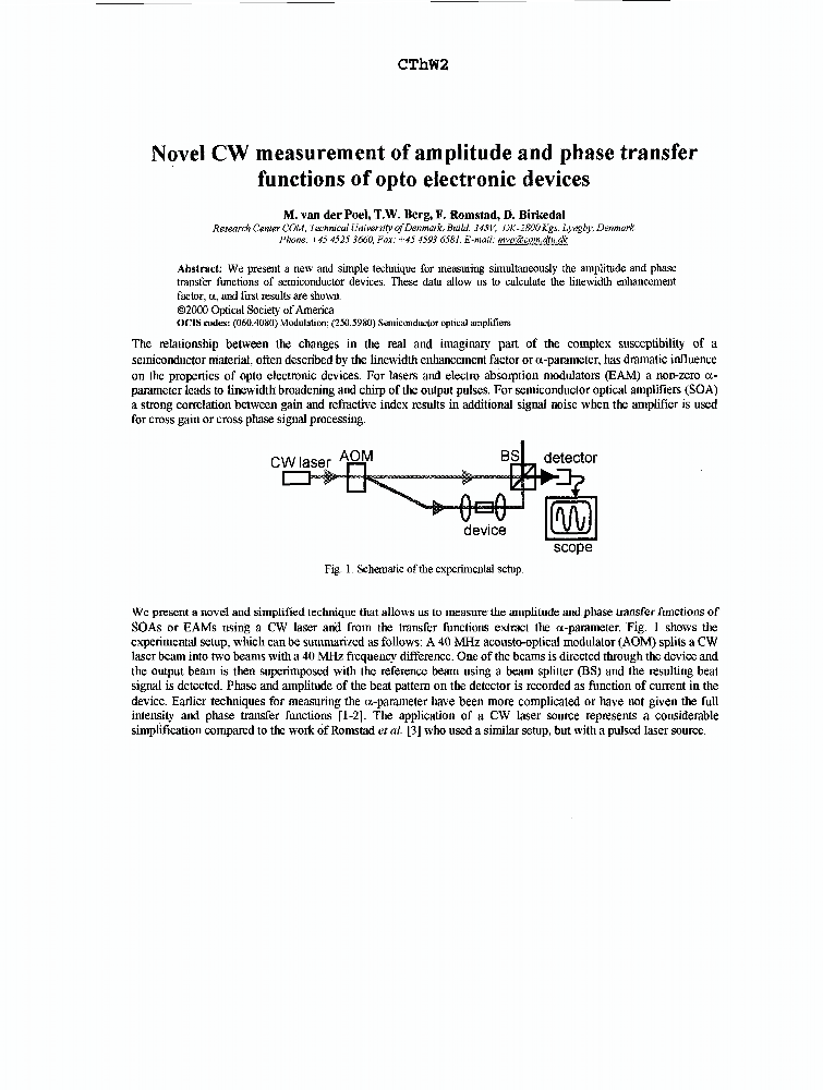 Novel CW measurement of amplitude and phase transfer functions of opto