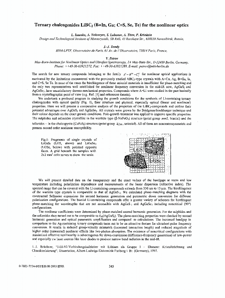 Ternary chalcogenides LiBC/sub 2/ (B=In, Ga C=S, Se, Te) for the optics IEEE