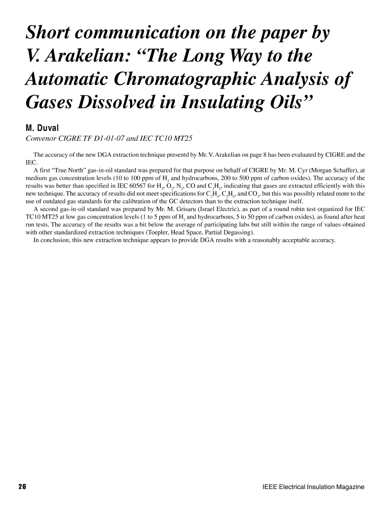 Short communication on the paper by V. Arakelian: "the long way to the  automatic chromatographic analysis of gases dissolved in insulating oils" |  IEEE Journals & Magazine | IEEE Xplore