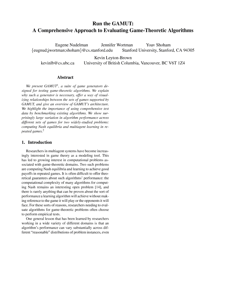 Run the GAMUT a comprehensive approach to evaluating gametheoretic