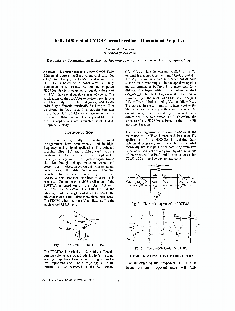 Fully differential CMOS current feedback operational amplifier IEEE