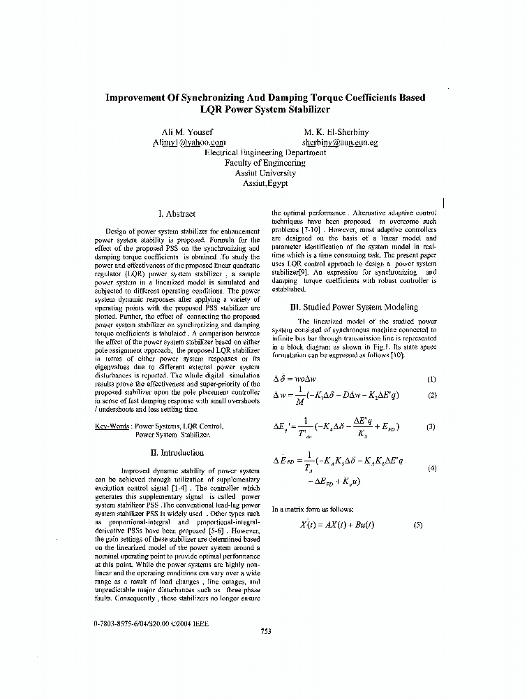 Improvement of synchronizing and damping torque coefficients based LQR