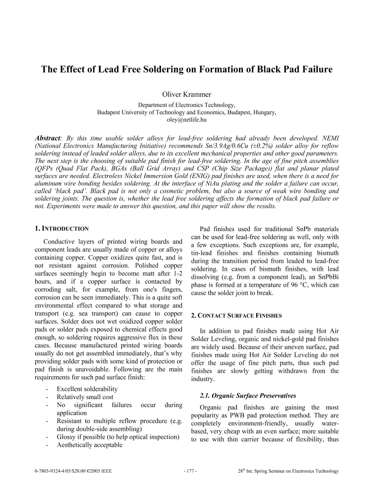 The effect of lead free soldering on formation of black pad failure