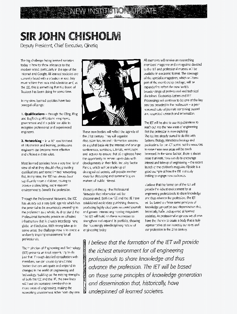 New institution update Sir John Chisholm IET Journals & Magazine