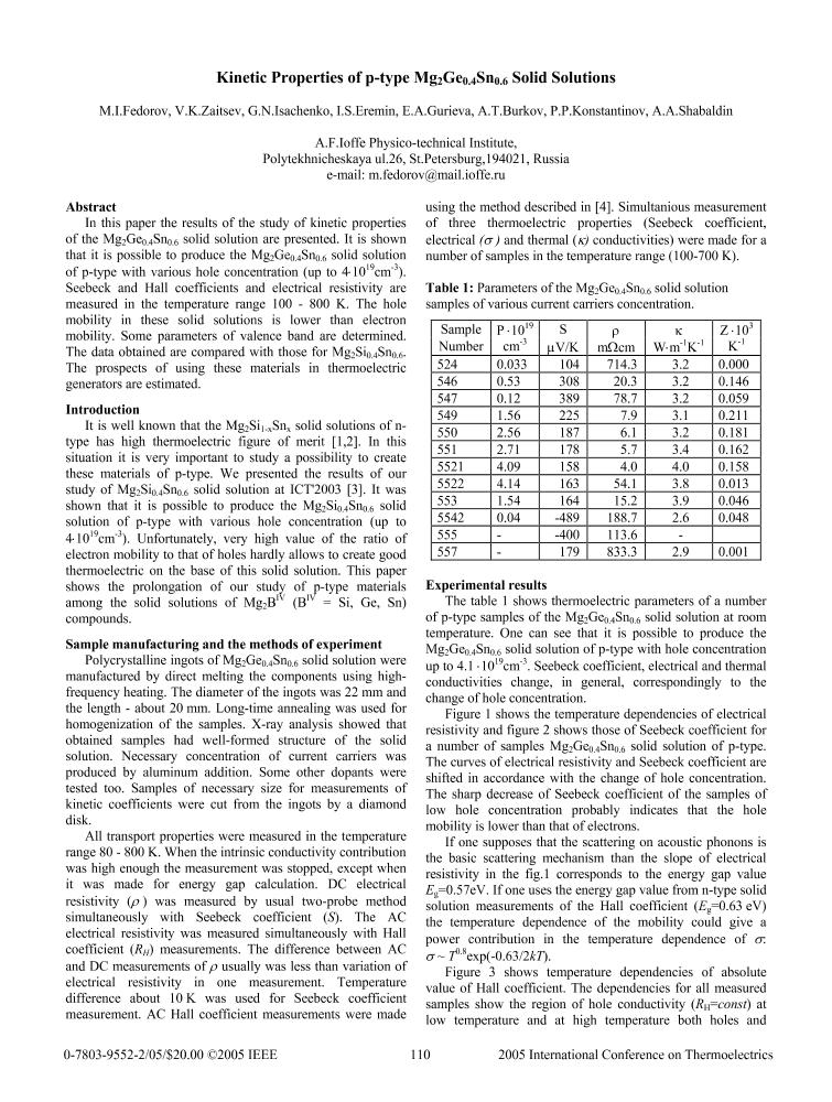 properties of ptype Mg/sub 2/Ge/sub 0.4/Sn/sub 0.6/ solid solutions IEEE Conference