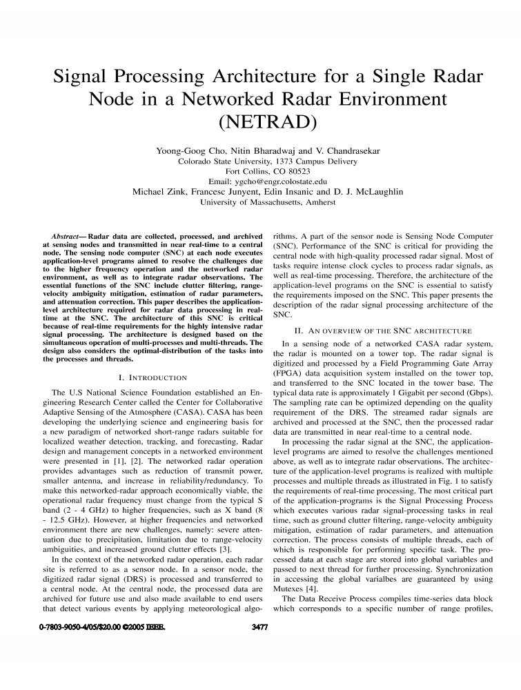 Signal processing architecture for a single radar node in a networked