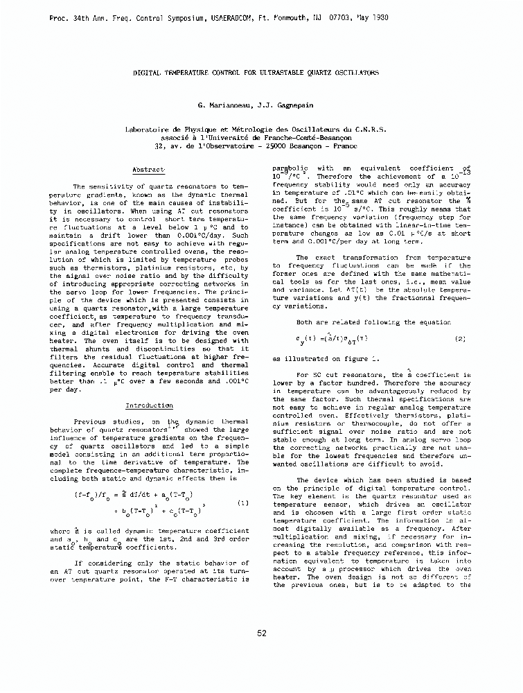 Digital Temperature Control For Ultrastable Quartz Oscillators Ieee Conference Publication Ieee Xplore