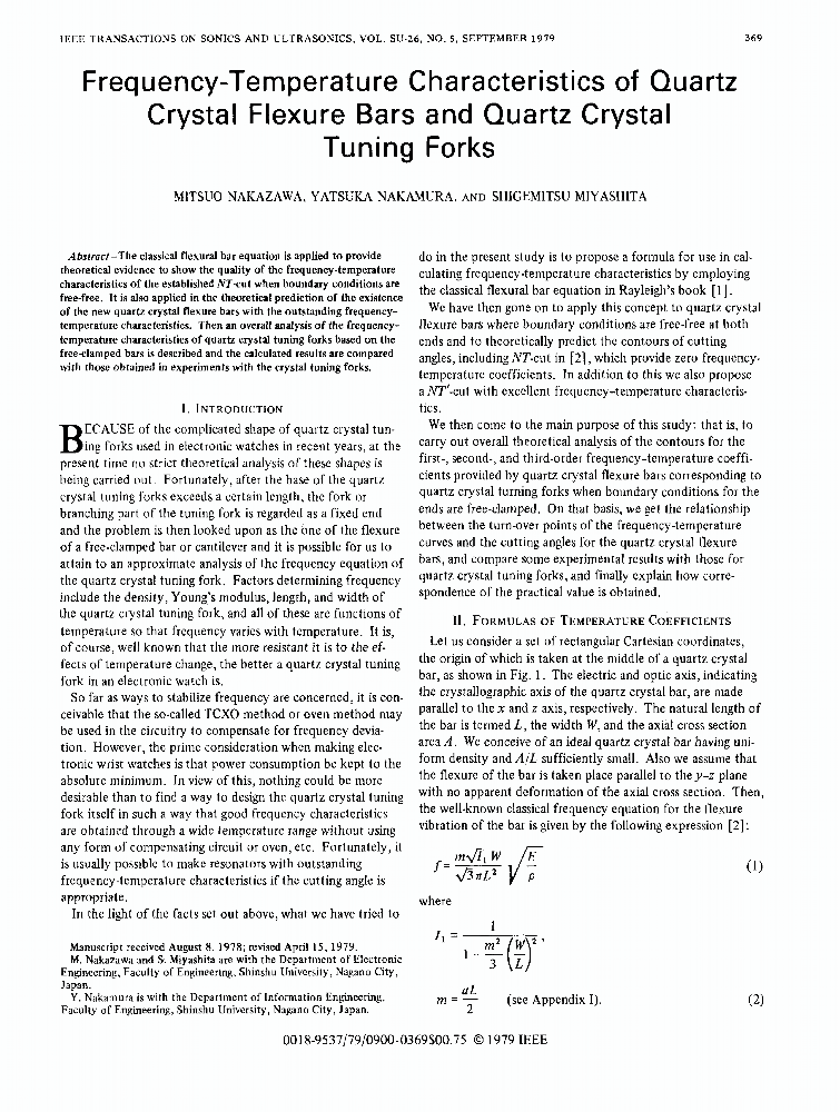 FrequencyTemperature Characteristics of Quartz Crystal Flexure Bars and Quartz Crystal Tuning