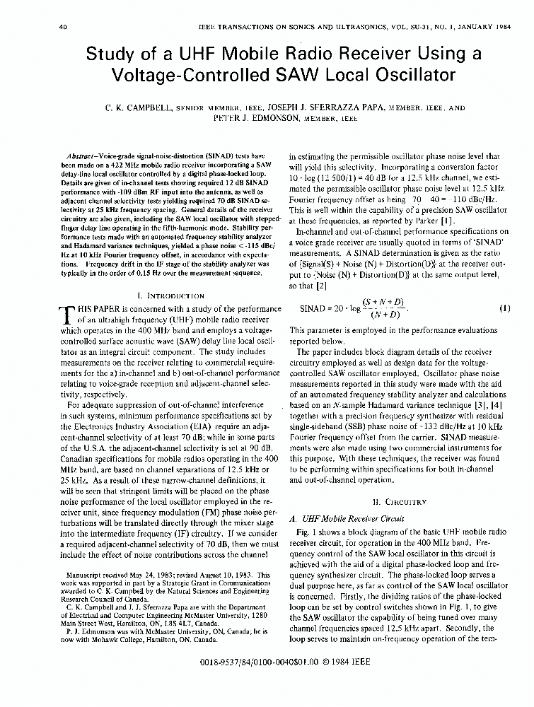 Study of a UHF Mobile Radio Receiver Using a VoltageControlled SAW