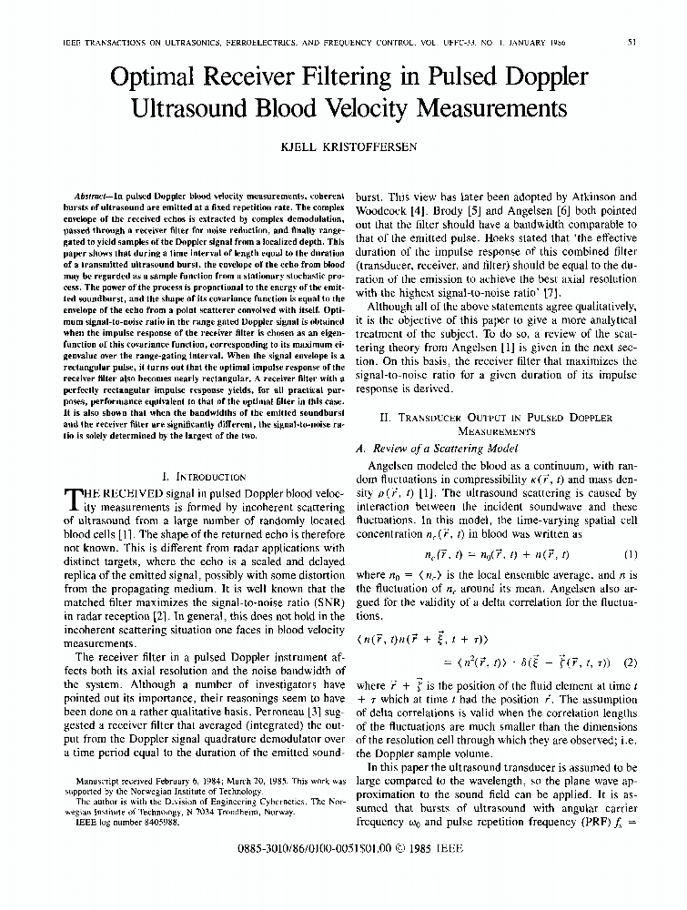 Optimal Receiver Filtering in Pulsed Doppler Ultrasound Blood Velocity