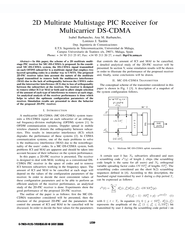 2D multirate multistage PIC receiver for multicarrier DS-CDMA | IEEE  Conference Publication | IEEE Xplore