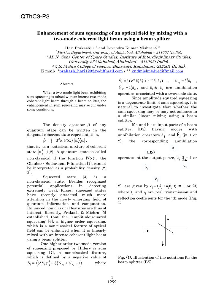 Enhancement Of Sum Squeezing Of An Optical Field By Mixing With A Two Mode Coherent Light Beam Using A Beam Splitter Ieee Conference Publication