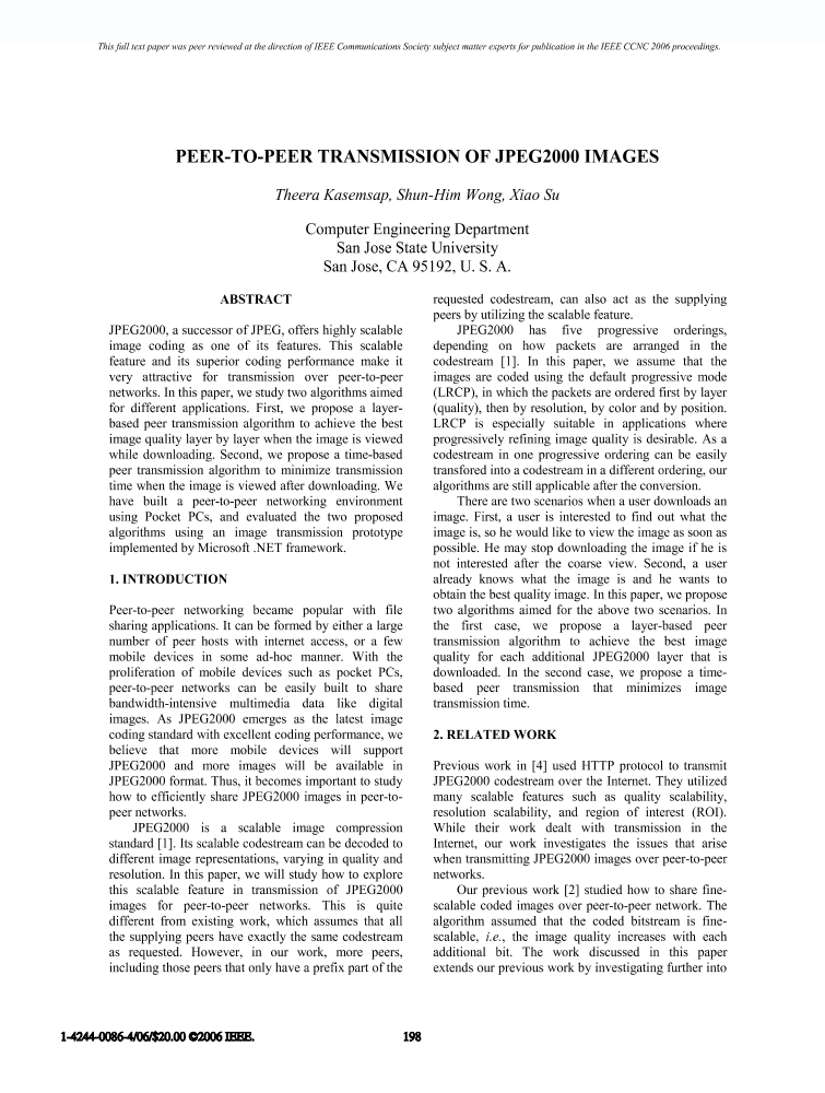 Peertopeer transmission of JPEG2000 images IEEE Conference