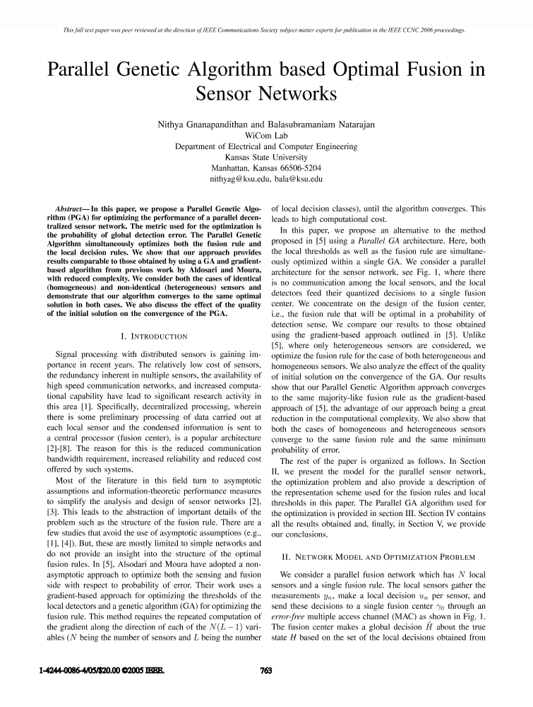 Parallel genetic algorithm based optimal fusion in sensor networks | IEEE  Conference Publication | IEEE Xplore
