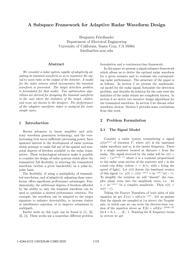 A Subspace Framework for Adaptive Radar Waveform Design IEEE