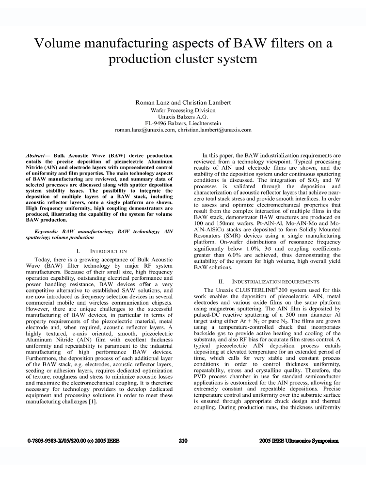 Volume manufacturing aspects of baw filters on a production cluster system IEEE Conference