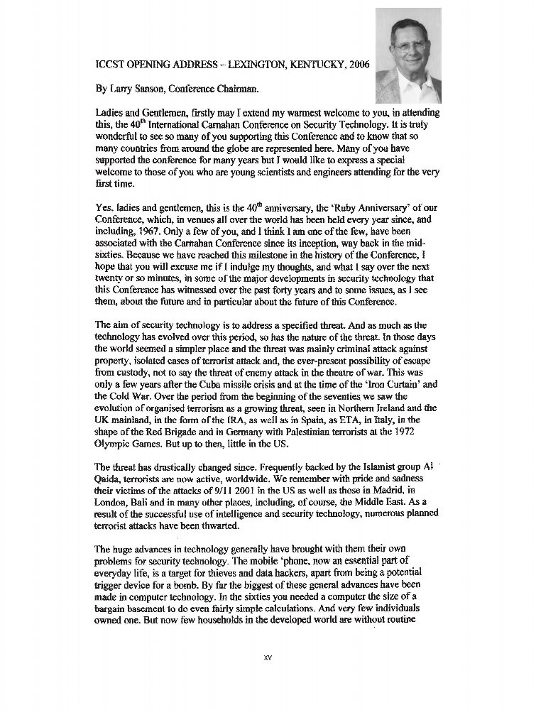 ICCST Opening Address Lexington, Kentucky, 2006 IEEE Conference