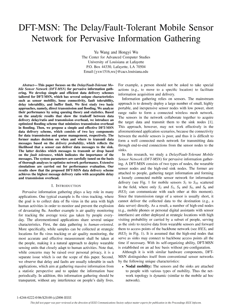 DFTMSN The Delay/FaultTolerant Mobile Sensor Network for Pervasive