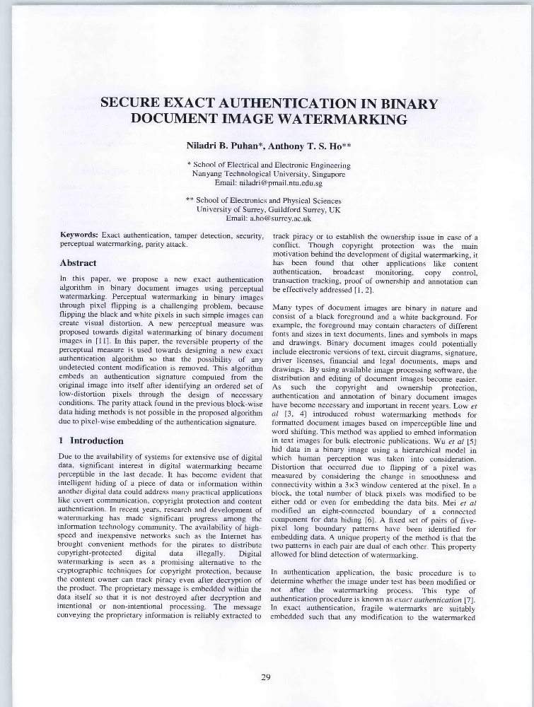 SECURE EXACT AUTHENTICATION IN BINARY DOCUMENT IMAGE WATERMARKING | IET ...