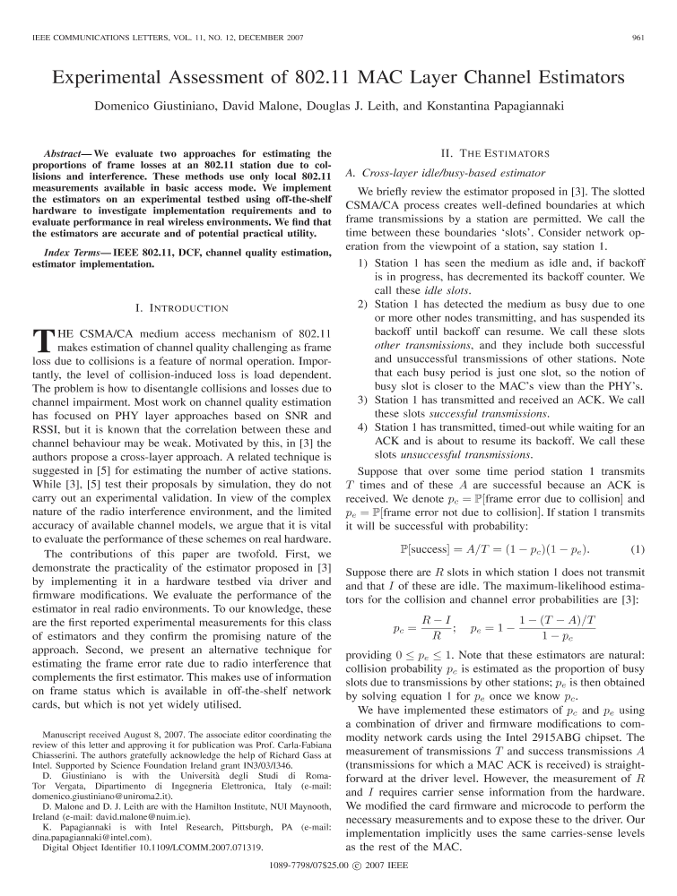 Experimental assessment of 802.11 MAC layer channel estimators | IEEE ...