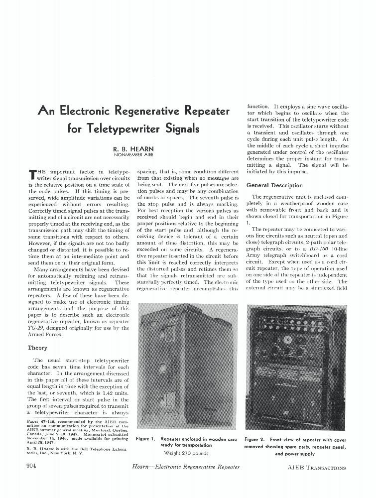 An Electronic Regenerative Repeater for Teletypewriter Signals IEEE
