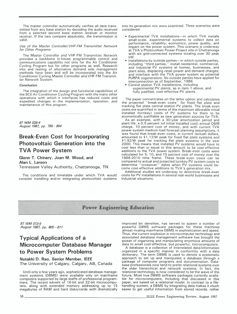 BreakEven Cost for Incorporating Photovoltaic Generation into the TVA