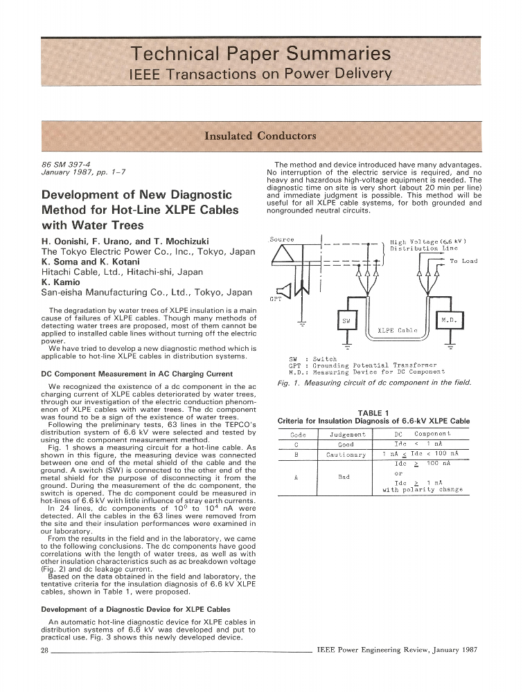 Development of New Diagnostic Method for HotLine XLPE Cables with