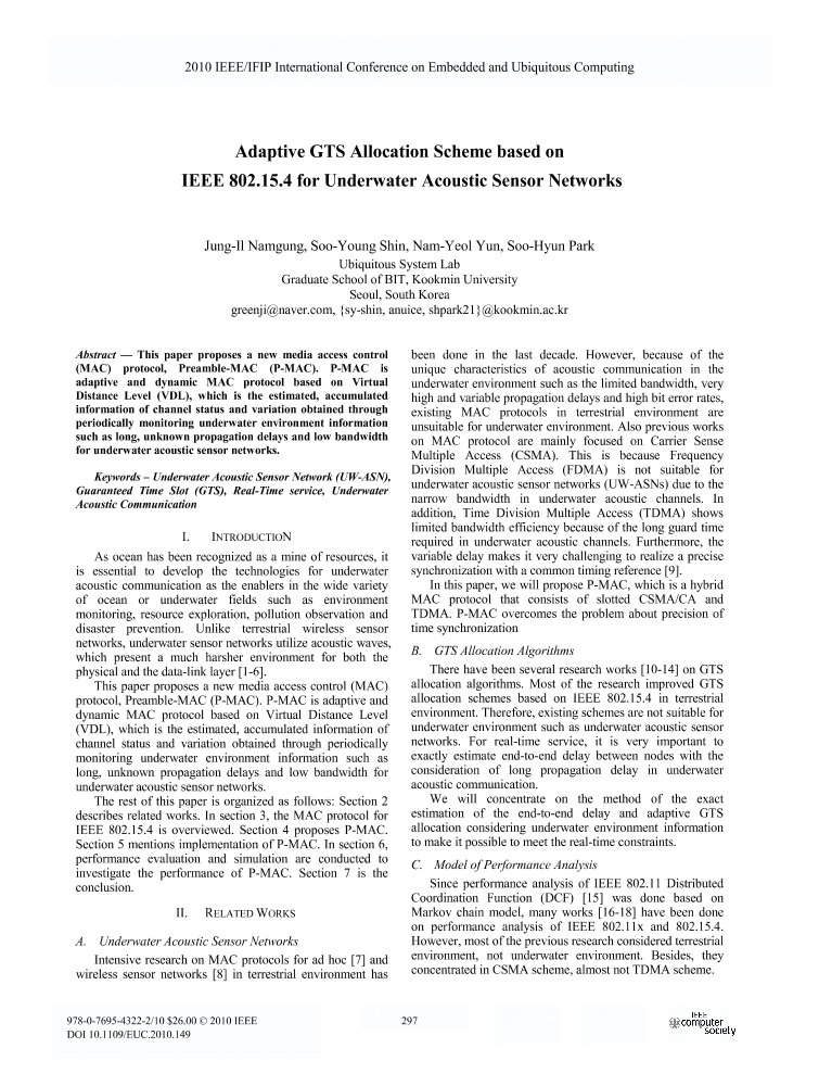 Adaptive Gts Allocation Scheme Based On Ieee 802 15 4 For Underwater Acoustic Sensor Networks Ieee Conference Publication Ieee Xplore