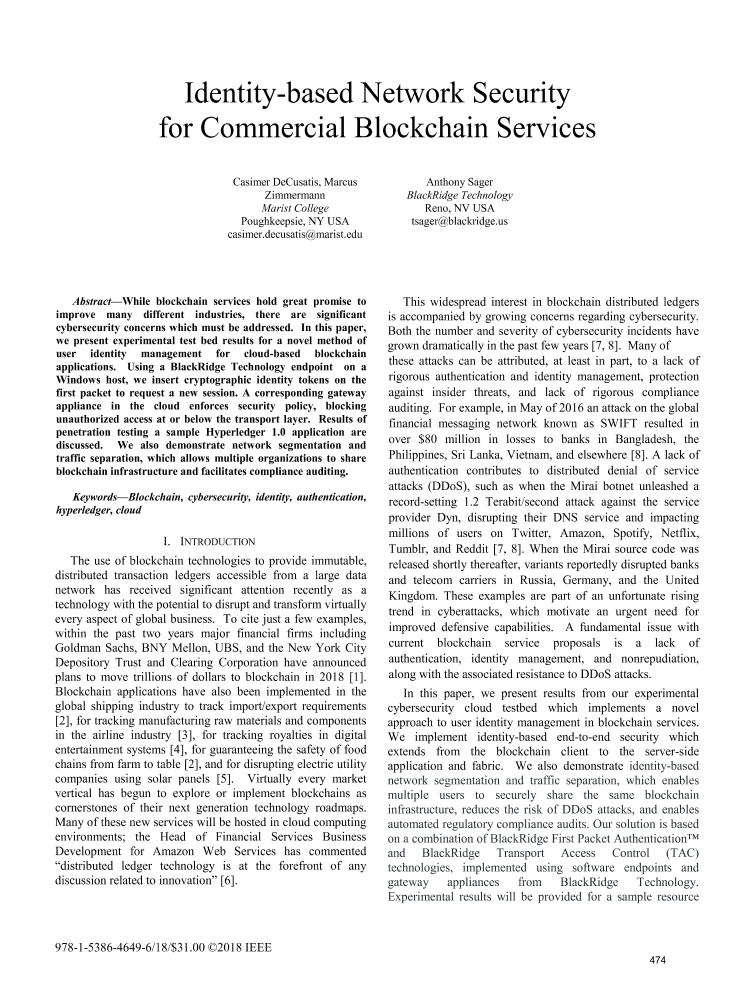 Identitybased network security for commercial blockchain services