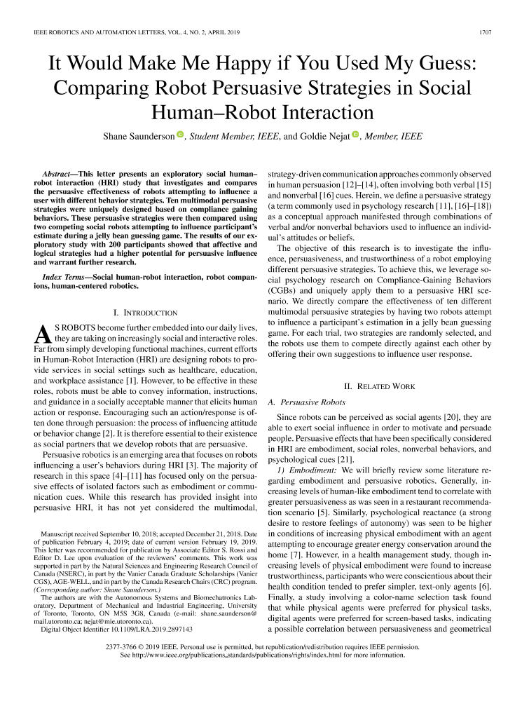 It Would Make Me Happy if You Used My Guess: Comparing Robot Persuasive  Strategies in Social Human–Robot Interaction | IEEE Journals & Magazine |  IEEE Xplore